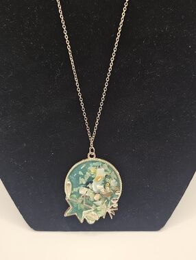 Delicate Teal Floral Star Pendant Necklace, With Resin. Chain 925 Women Jewelry